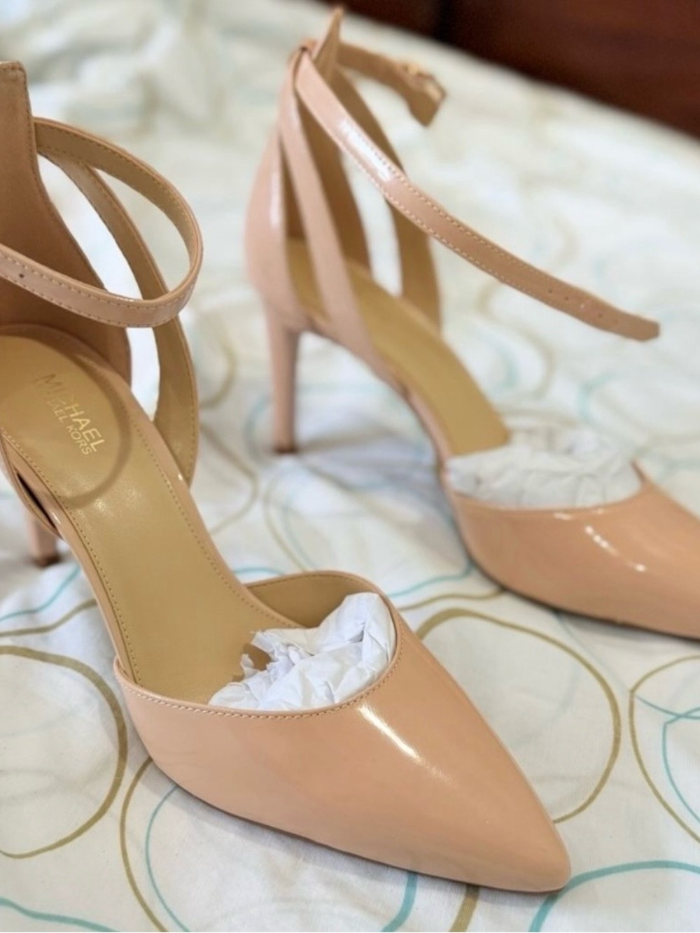 Michael Kors Blush Patent Leather Pointed-Toe Ankle-Strap Heels